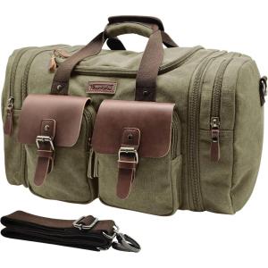 Wildroad 60L Travel Duffel Bag, Expandable Canvas Genuine Leather Duffle Bag Upgraded Overnight Weekender Bag Carry on Bag(Army Green)