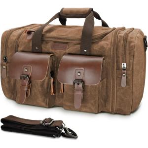 Wildroad 60L Travel Duffel Bag, Expandable Canvas Genuine Leather Duffle Bag Upgraded Overnight Weekender Bag Carry on Bag(Vintage Dark Brown)