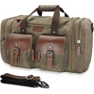 Wildroad 60L Travel Duffel Bag, Expandable Canvas Genuine Leather Duffle Bag Upgraded Overnight Weekender Bag Carry on Bag(Vintage Grey)