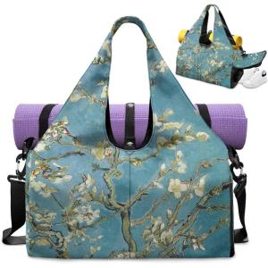 Yoga Gym Bag with Removable Adjustable Shoulder Strap, Shoe Compartment & Top Yoga Mat Holder 17.72×8.66×9.84in(Almond Blossom Tree Print)