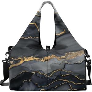 Yoga Gym Bag with Removable Adjustable Shoulder Strap, Shoe Compartment & Top Yoga Mat Holder 17.72×8.66×9.84in(Black Marble Textured Print)
