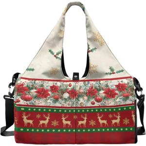 Yoga Gym Bag with Removable Adjustable Shoulder Strap, Shoe Compartment & Top Yoga Mat Holder 17.72×8.66×9.84in(Christmas Reindeer Berry Print)