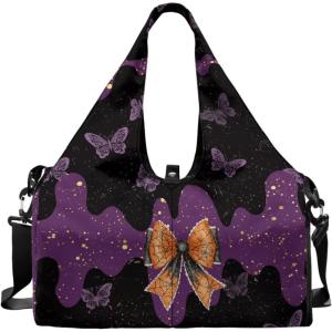 Yoga Gym Bag with Removable Adjustable Shoulder Strap, Shoe Compartment & Top Yoga Mat Holder 17.72×8.66×9.84in(Halloween Butterfly Bow Print)