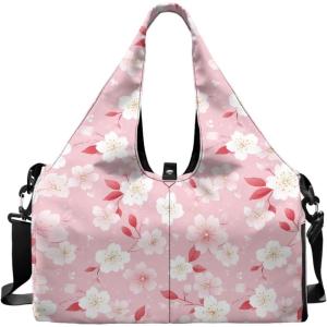 Yoga Gym Bag with Removable Adjustable Shoulder Strap, Shoe Compartment & Top Yoga Mat Holder 17.72×8.66×9.84in(Pink Cherry Blossom Print)