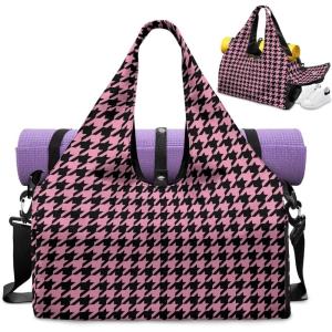 Yoga Gym Bag with Removable Adjustable Shoulder Strap, Shoe Compartment & Top Yoga Mat Holder 17.72×8.66×9.84in(Pink Houndstooth Plaid Print)