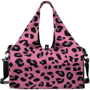 Yoga Gym Bag with Removable Adjustable Shoulder Strap, Shoe Compartment & Top Yoga Mat Holder 17.72×8.66×9.84in(Pink and Black Leopard Print)