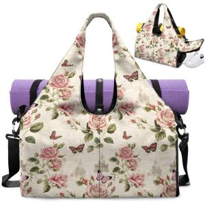 Yoga Gym Bag with Removable Adjustable Shoulder Strap, Shoe Compartment & Top Yoga Mat Holder 17.72×8.66×9.84in(Retro Rose Butterfly Print)