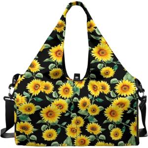 Yoga Gym Bag with Removable Adjustable Shoulder Strap, Shoe Compartment & Top Yoga Mat Holder 17.72×8.66×9.84in(Sunflower Green Leaf Print)