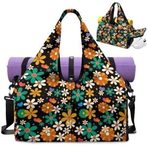 Yoga Gym Bag with Removable Adjustable Shoulder Strap, Shoe Compartment & Top Yoga Mat Holder 17.72×8.66×9.84in(Vintage Hippie Flower Print)