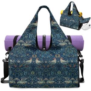 Yoga Gym Bag with Removable Adjustable Shoulder Strap, Shoe Compartment & Top Yoga Mat Holder 17.72×8.66×9.84in(William Morris Retro Bird Print)