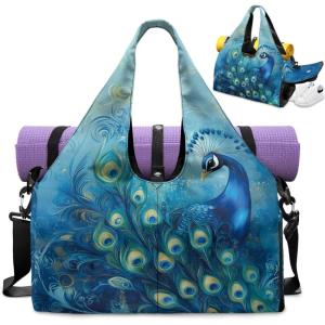 Yoga Mat Bag for Men Women Canvas Yoga Mat Carrier Take In Out Mat Easily for Beach Swim Bags Pool Sports Gym(Blue Peacock)