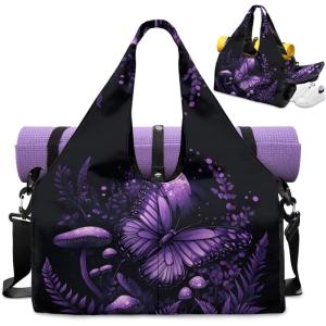 Yoga Mat Bag for Men Women Canvas Yoga Mat Carrier Take In Out Mat Easily for Beach Swim Bags Pool Sports Gym(Purple Butterflies)