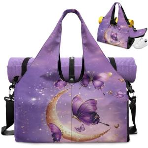 Yoga Mat Bag for Men Women Canvas Yoga Mat Carrier Take In Out Mat Easily for Beach Swim Bags Pool Sports Gym(Purple Butterfly)