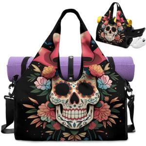 Yoga Mat Bag for Men Women Canvas Yoga Mat Carrier Take In Out Mat Easily for Beach Swim Bags Pool Sports Gym(Skull Flower)