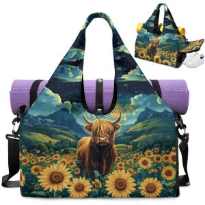 Yoga Mat Bag for Men Women Canvas Yoga Mat Carrier Take In Out Mat Easily for Beach Swim Bags Pool Sports Gym(Sunflower Highland Cattle)