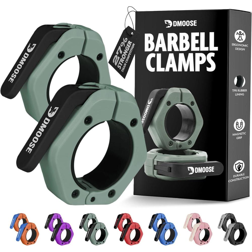 imageDMoose Fitness Barbell Clips 2 Inch Pair  Quick Release Olympic Barbell Clamps ampamp Collars with Anti Slip TPR Grip for Secure Weightlifting and Powerlifting  Weight Clips for Bars at Home or GymRanger Green
