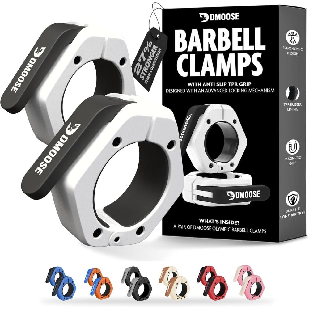 imageDMoose Fitness Barbell Clips 2 Inch Pair  Quick Release Olympic Barbell Clamps ampamp Collars with Anti Slip TPR Grip for Secure Weightlifting and Powerlifting  Weight Clips for Bars at Home or GymWhite