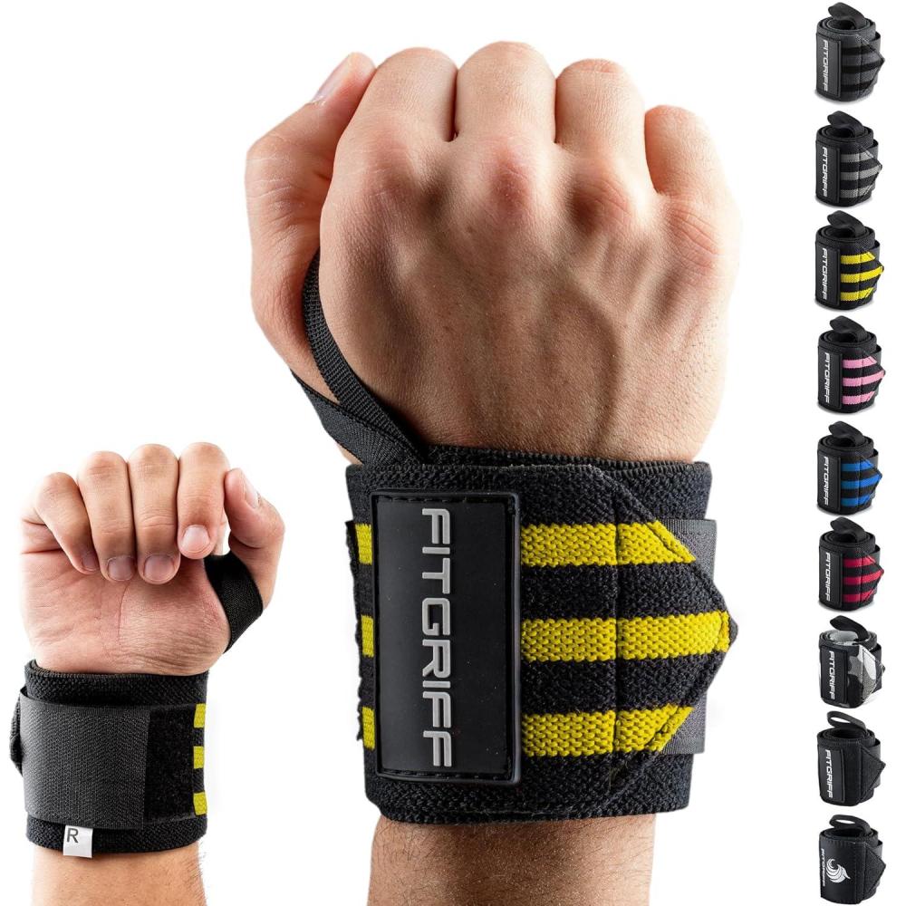 imageFitgriff Wrist Wraps for Weightlifting 18quot HeavyDuty Support for Gym Bench Press and Pushups 1 Pair  for Men and Women BlackBlackYellow