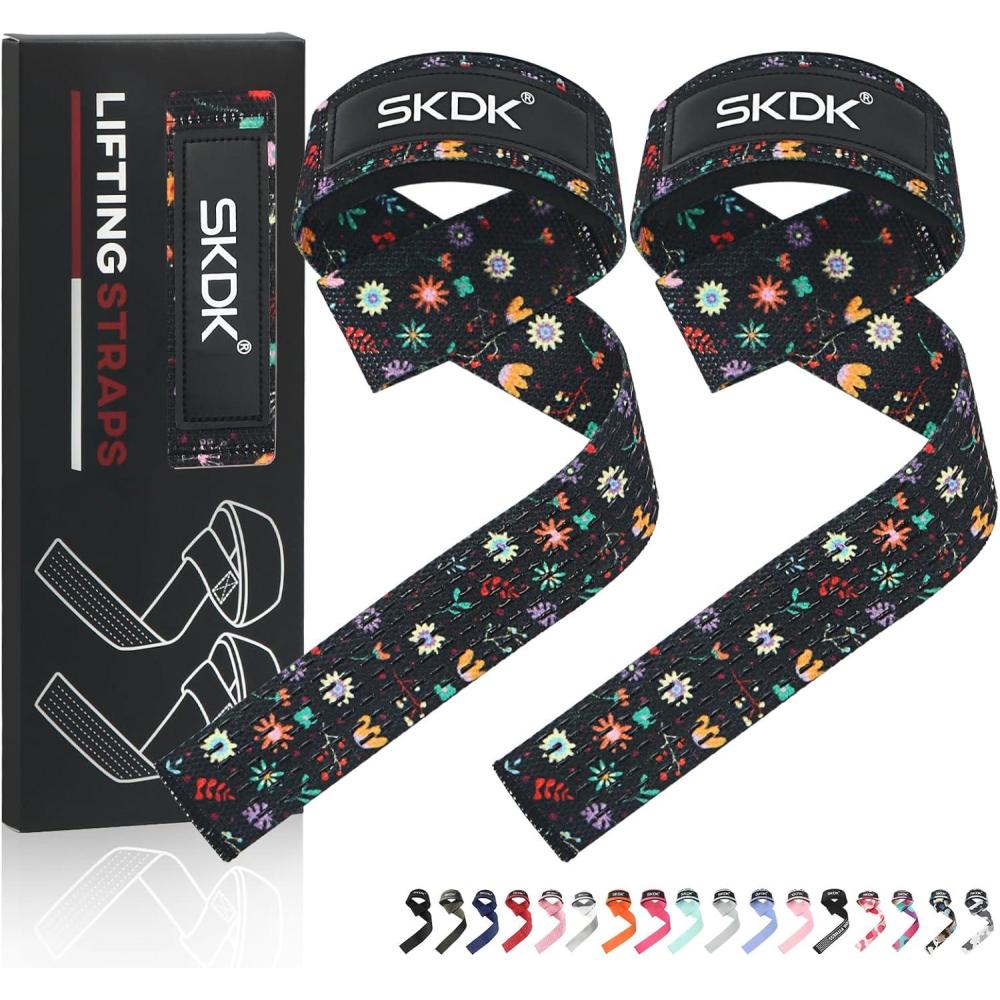 imageSKDK Cotton Hard Pull Wrist Lifting Straps Grips BandDeadlift Straps with Neoprene Cushioned Wrist Padded and AntiSkid Silicone for Weightlifting Bodybuilding Xfit Strength TrainingFlowerBlack