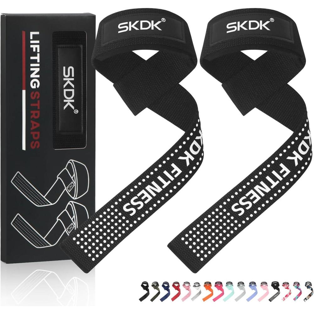imageSKDK Cotton Hard Pull Wrist Lifting Straps Grips BandDeadlift Straps with Neoprene Cushioned Wrist Padded and AntiSkid Silicone for Weightlifting Bodybuilding Xfit Strength TrainingBlack Pro
