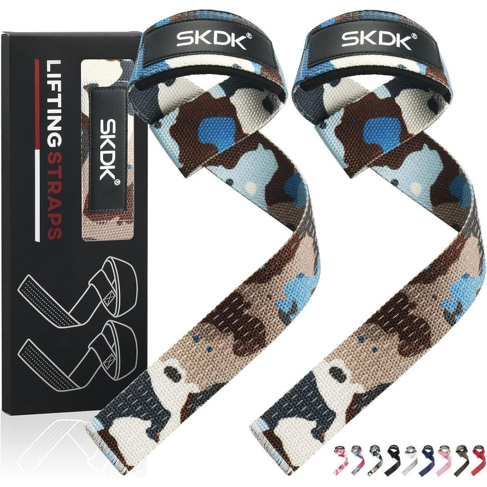 imageSKDK Cotton Hard Pull Wrist Lifting Straps Grips BandDeadlift Straps with Neoprene Cushioned Wrist Padded and AntiSkid Silicone  for Weightlifting Bodybuilding Xfit Strength TrainingCamoBlue