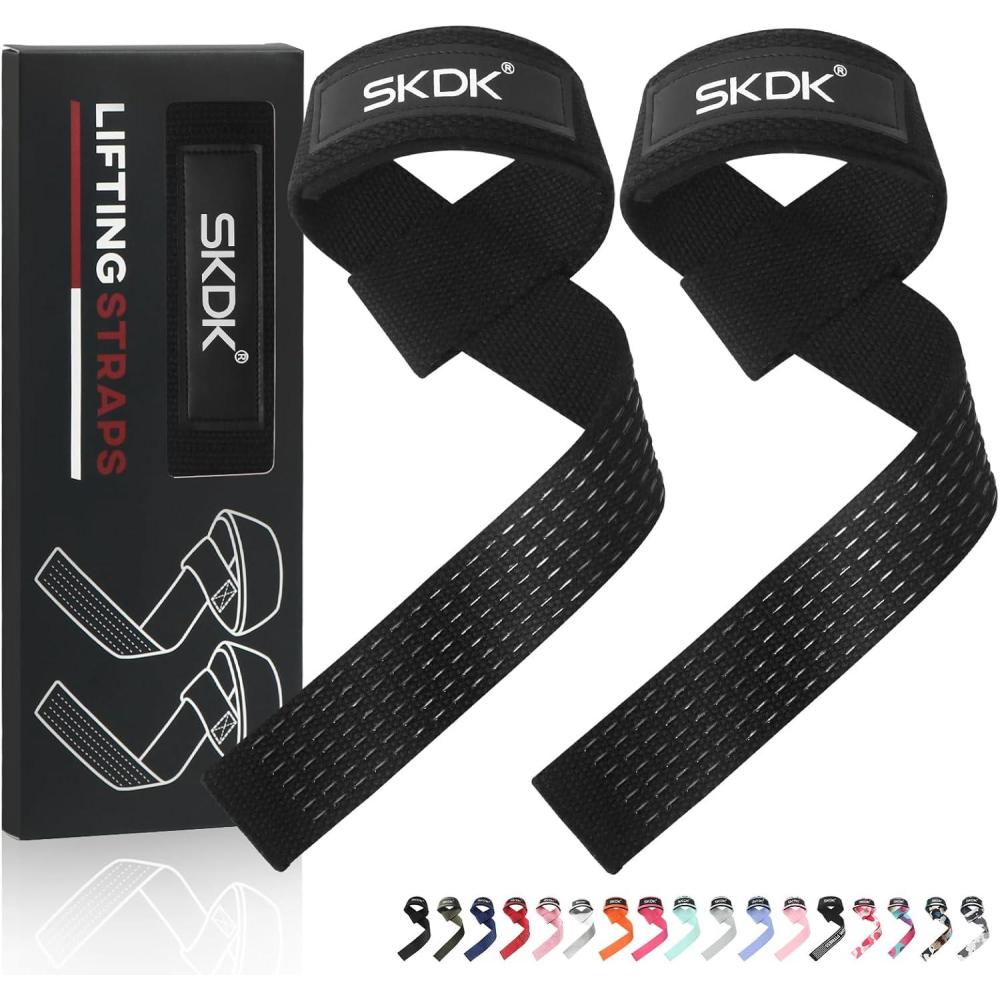 imageSKDK Cotton Hard Pull Wrist Lifting Straps Grips BandDeadlift Straps with Neoprene Cushioned Wrist Padded and AntiSkid Silicone for Weightlifting Bodybuilding Xfit Strength TrainingBlack