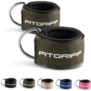 Fitgriff® Ankle Straps V2 for Cable Machine (2 Pieces) – Gym Workout Equipment – Leg Pulley Attachment, Kickback Straps(Army Green)