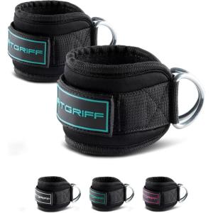 Fitgriff® Ankle Straps V3 for Cable Machine (2 Pieces) – Gym Workout Equipment – Leg Pulley Attachment, Kickback Straps(Black/Cyan)