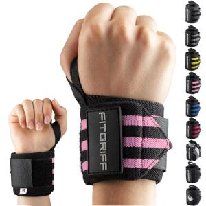 Fitgriff® Wrist Wraps for Weightlifting (18″) Heavy-Duty Support for Gym, Bench Press, and Pushups (1 Pair) – for Men and Women (Black)(Black/Pink)