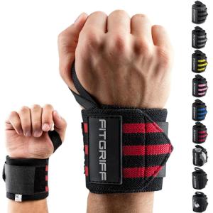 Fitgriff® Wrist Wraps for Weightlifting (18″) Heavy-Duty Support for Gym, Bench Press, and Pushups (1 Pair) – for Men and Women (Black)(Black/Red)