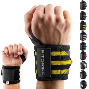 Fitgriff® Wrist Wraps for Weightlifting (18″) Heavy-Duty Support for Gym, Bench Press, and Pushups (1 Pair) – for Men and Women (Black)(Black/Yellow)
