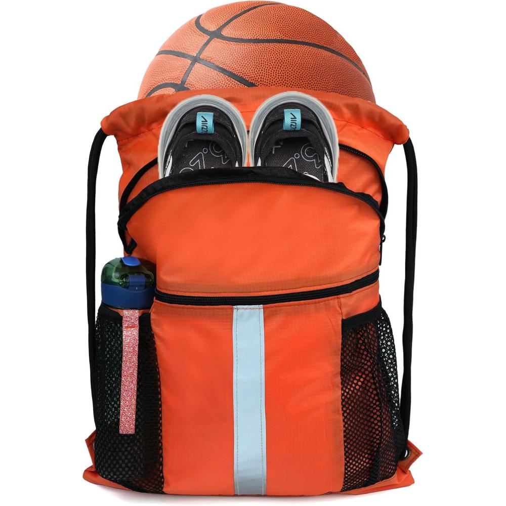 imageBeeGreen Drawstring Backpack Bag with Shoe Compartment XLarge Black Gym Sports String Cinch BackpackBright Orange