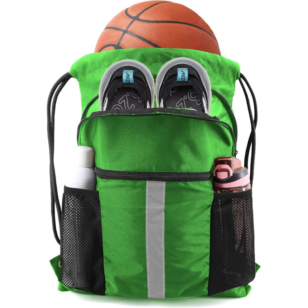 imageBeeGreen Drawstring Backpack Bag with Shoe Compartment XLarge Black Gym Sports String Cinch BackpackGreen