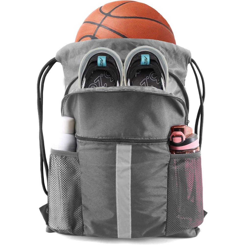 imageBeeGreen Drawstring Backpack Bag with Shoe Compartment XLarge Black Gym Sports String Cinch BackpackGrey