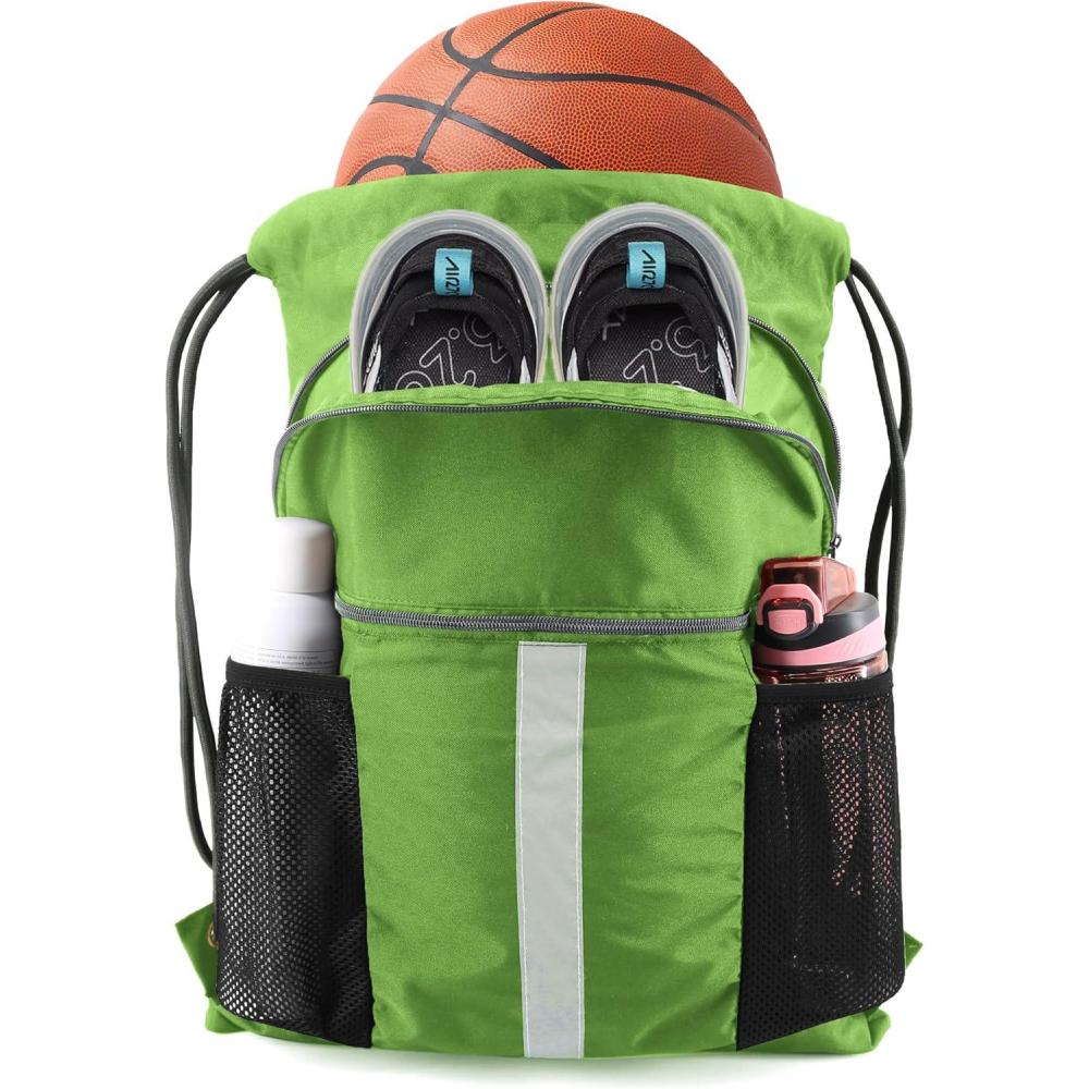 imageBeeGreen Drawstring Backpack Bag with Shoe Compartment XLarge Black Gym Sports String Cinch BackpackLime