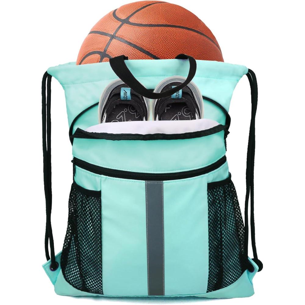 imageBeeGreen Drawstring Backpack Bag with Shoe Compartment XLarge Black Gym Sports String Cinch BackpackMint Green