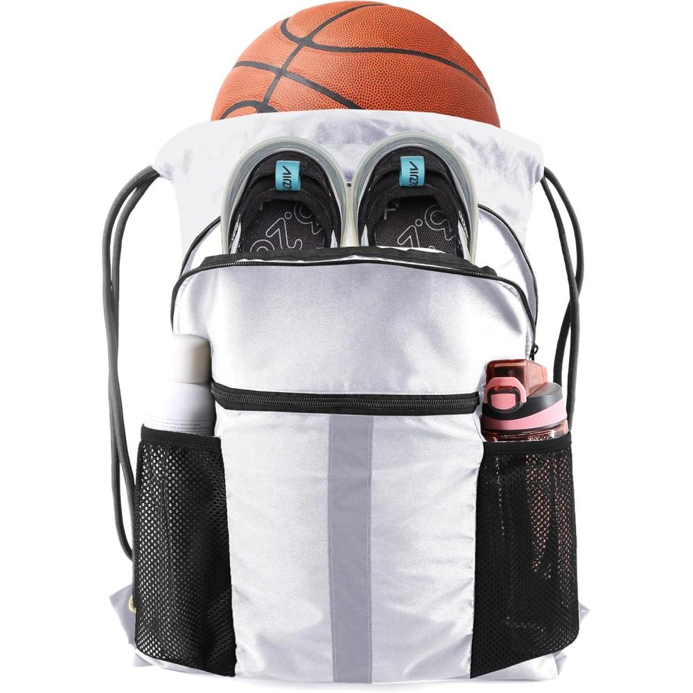imageBeeGreen Drawstring Backpack Bag with Shoe Compartment XLarge Black Gym Sports String Cinch BackpackWhite