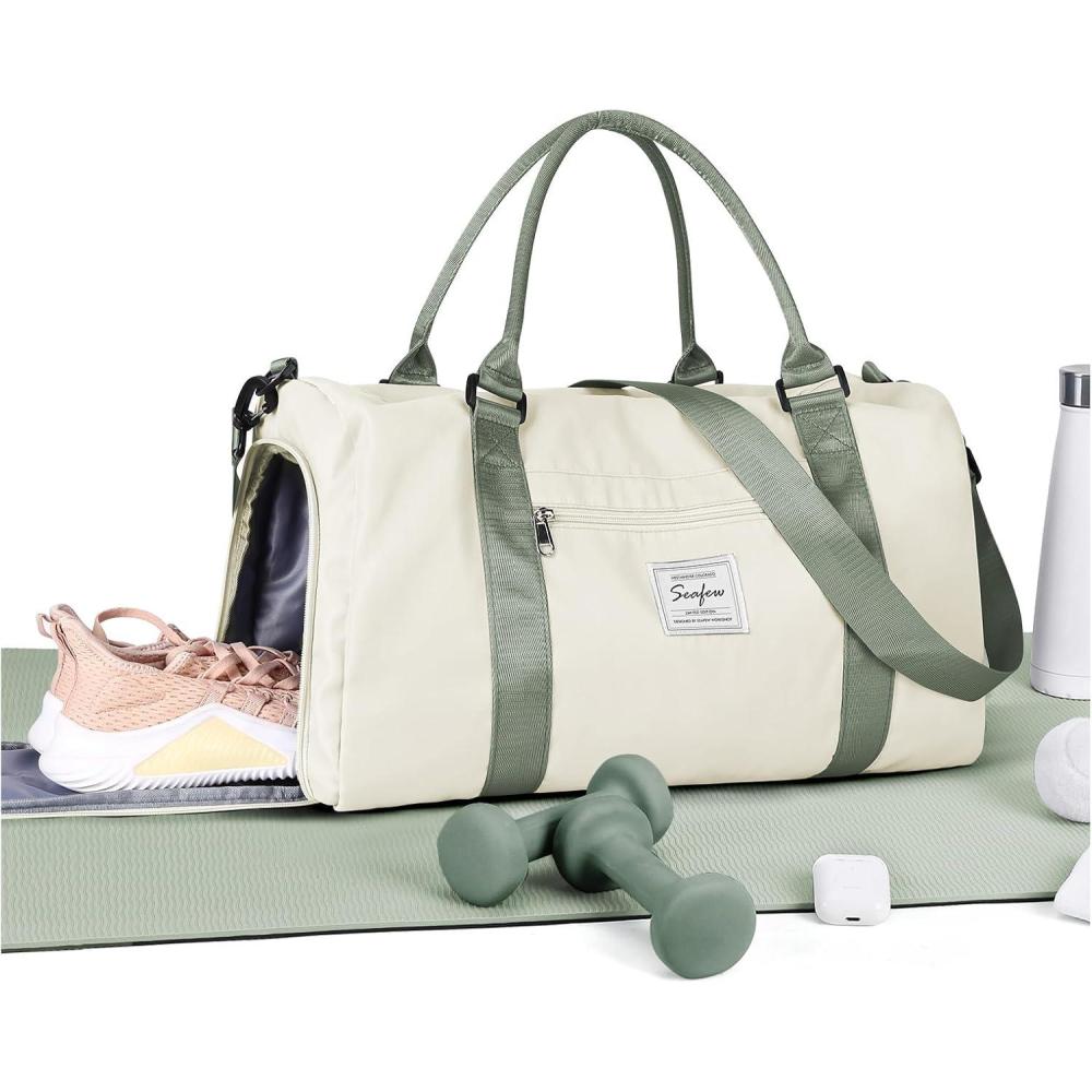 imageGym Bag WomensTravel Duffel Carry on Bag Sport Tote Bag Weekend Overnight BagA11Beige with Green