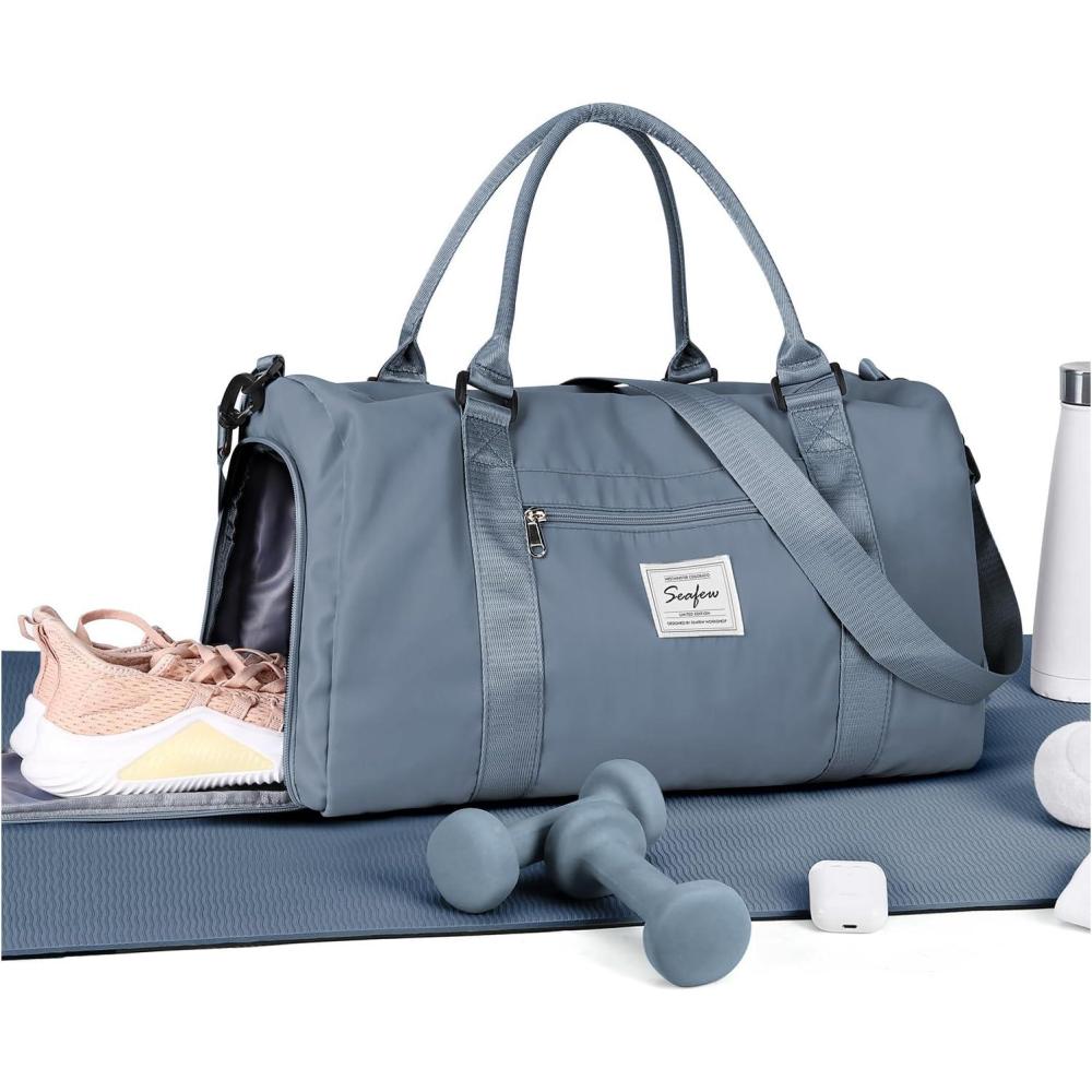 imageGym Bag WomensTravel Duffel Carry on Bag Sport Tote Bag Weekend Overnight BagA8Grey Blue