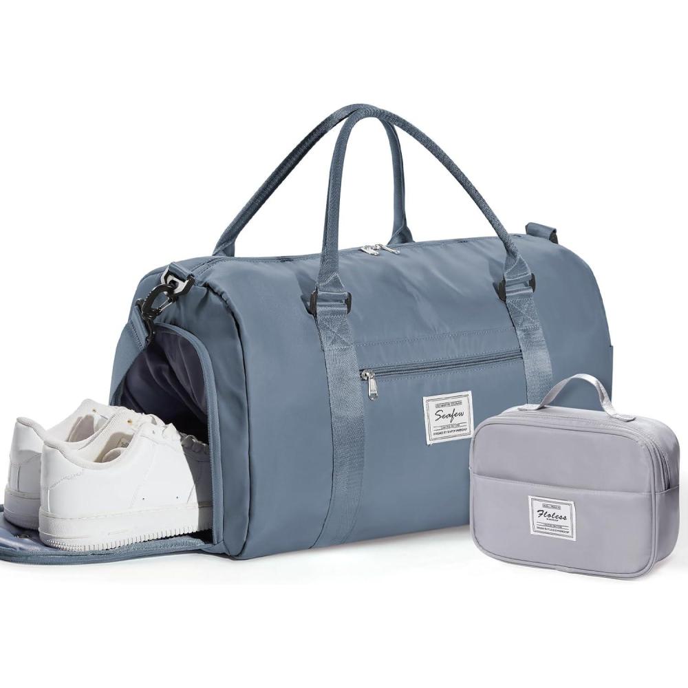 imageGym Bag WomensTravel Duffel Carry on Bag Sport Tote Bag Weekend Overnight BagB8Grey BlueWith Toiletry Bag