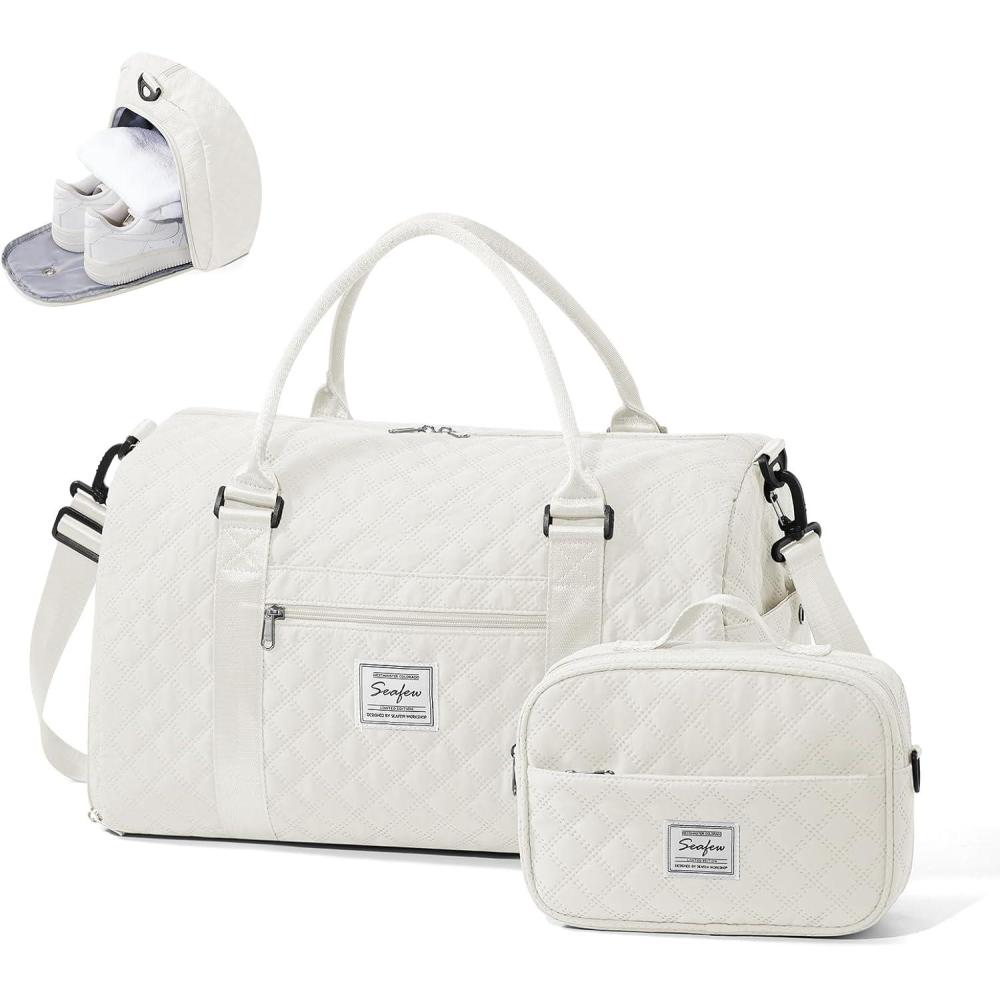 imageGym Bag WomensTravel Duffel Carry on Bag Sport Tote Bag Weekend Overnight BagC5GridBeigeWith Toiletry Bag