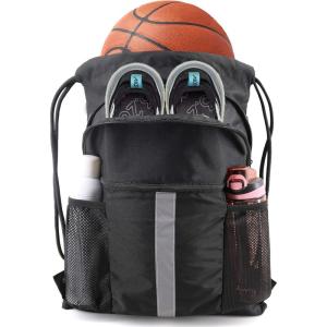 BeeGreen Drawstring Backpack Bag with Shoe Compartment, X-Large Black Gym Sports String Cinch Backpack(Black)