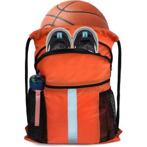BeeGreen Drawstring Backpack Bag with Shoe Compartment, X-Large Black Gym Sports String Cinch Backpack(Bright Orange)