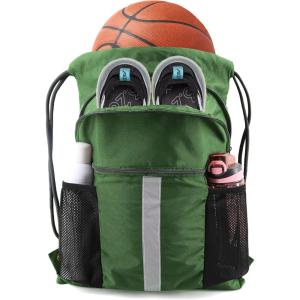 BeeGreen Drawstring Backpack Bag with Shoe Compartment, X-Large Black Gym Sports String Cinch Backpack(Dark Green)