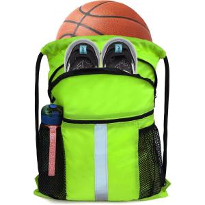 BeeGreen Drawstring Backpack Bag with Shoe Compartment, X-Large Black Gym Sports String Cinch Backpack(Fluorescent Green)