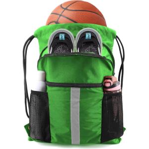 BeeGreen Drawstring Backpack Bag with Shoe Compartment, X-Large Black Gym Sports String Cinch Backpack(Green)