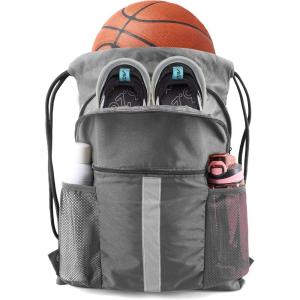 BeeGreen Drawstring Backpack Bag with Shoe Compartment, X-Large Black Gym Sports String Cinch Backpack(Grey)