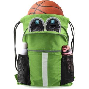 BeeGreen Drawstring Backpack Bag with Shoe Compartment, X-Large Black Gym Sports String Cinch Backpack(Lime)