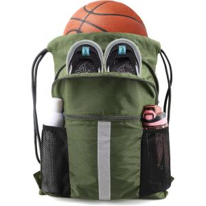 BeeGreen Drawstring Backpack Bag with Shoe Compartment, X-Large Black Gym Sports String Cinch Backpack(Moss Green)