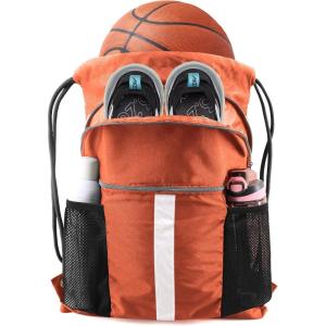 BeeGreen Drawstring Backpack Bag with Shoe Compartment, X-Large Black Gym Sports String Cinch Backpack(Orange)